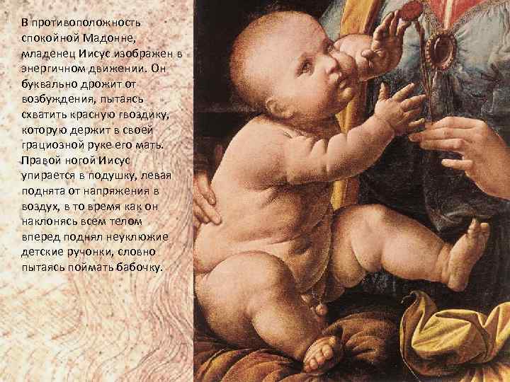 В противоположность спокойной Мадонне, младенец Иисус изображен в энергичном движении. Он буквально дрожит от