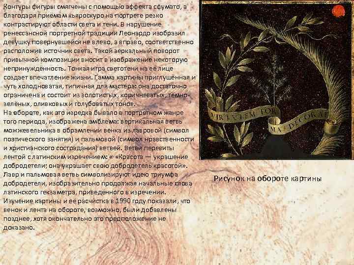 Контуры фигуры смягчены с помощью эффекта сфумато, а благодаря приёмам кьяроскуро на портрете резко