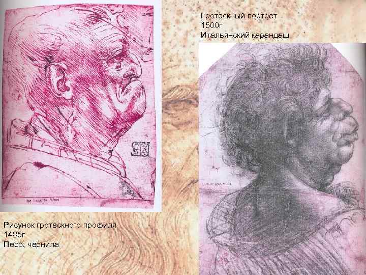 Гротескный портрет 1500 г Итальянский карандаш Рисунок гротескного профиля 1485 г Перо, чернила 