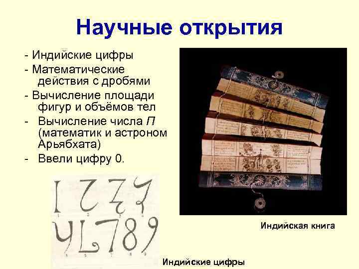 Научные открытия - Индийские цифры - Математические действия с дробями - Вычисление площади фигур