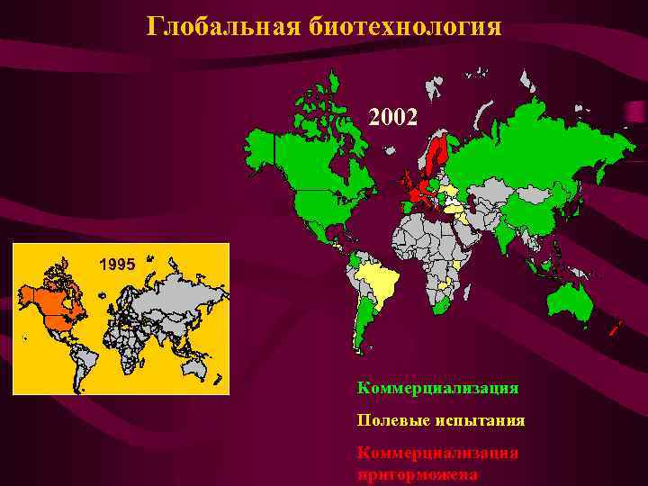 Глобальная биотехнология 2002 1995 Коммерциализация Полевые испытания Коммерциализация приторможена 