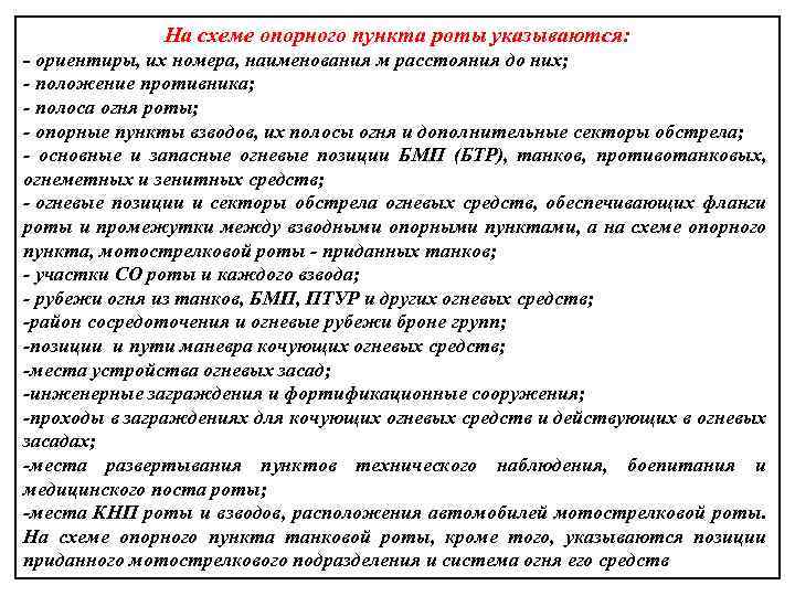 На схеме опорного пункта роты указываются: - ориентиры, их номера, наименования м расстояния до