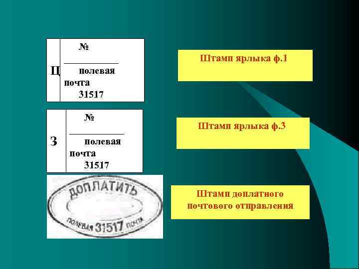Ц З № ___________ полевая почта 31517 Штамп ярлыка ф. 1 Штамп ярлыка ф.