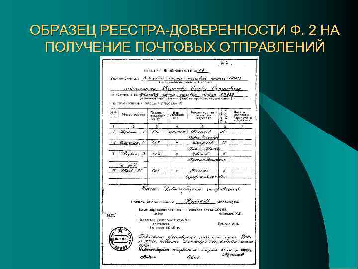 ОБРАЗЕЦ РЕЕСТРА-ДОВЕРЕННОСТИ Ф. 2 НА ПОЛУЧЕНИЕ ПОЧТОВЫХ ОТПРАВЛЕНИЙ 