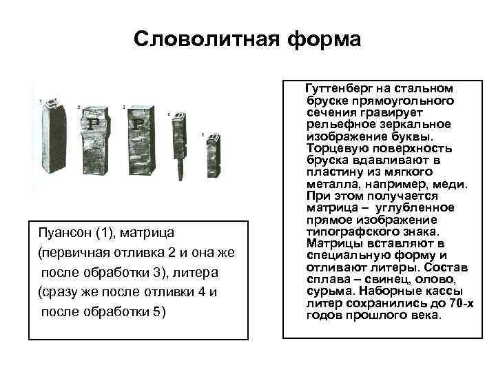 Словолитная форма Пуансон (1), матрица (первичная отливка 2 и она же после обработки 3),