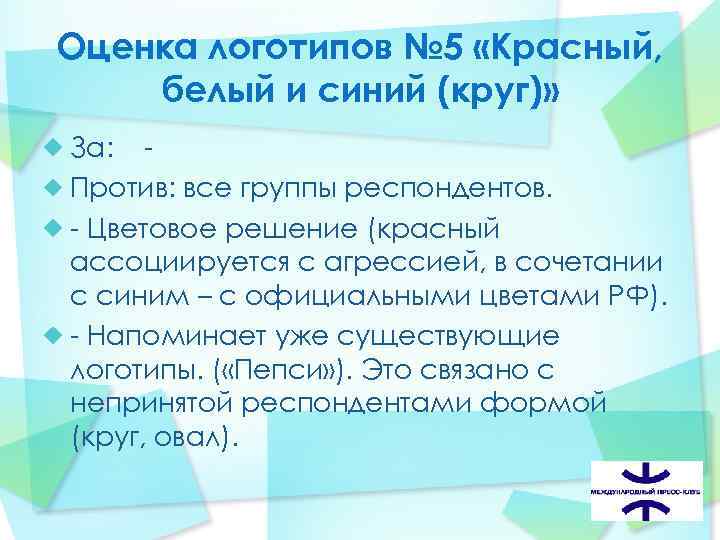 Оценка логотипов № 5 «Красный, белый и синий (круг)» За: - Против: все группы