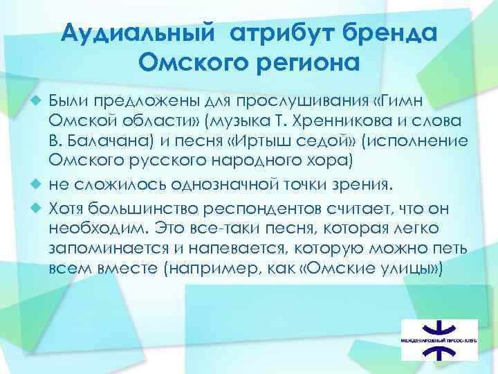  Аудиальный атрибут бренда Омского региона Были предложены для прослушивания «Гимн Омской области» (музыка