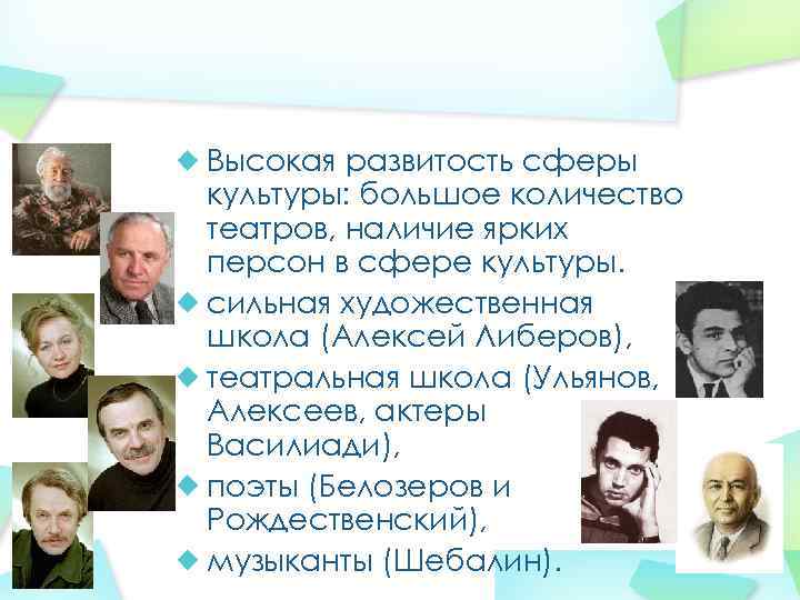 Высокая развитость сферы культуры: большое количество театров, наличие ярких персон в сфере культуры. сильная