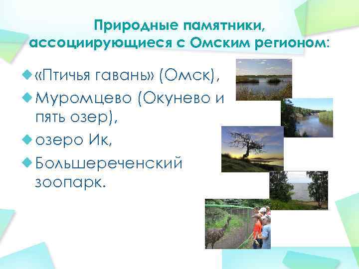  Природные памятники, ассоциирующиеся с Омским регионом: «Птичья гавань» (Омск), Муромцево (Окунево и пять