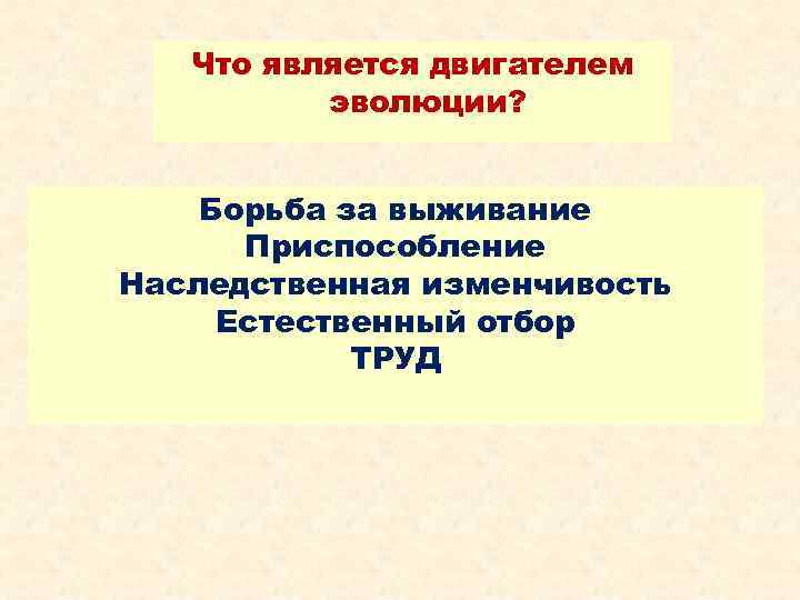 Что является двигателем эволюции? Борьба за выживание Приспособление Наследственная изменчивость Естественный отбор ТРУД 