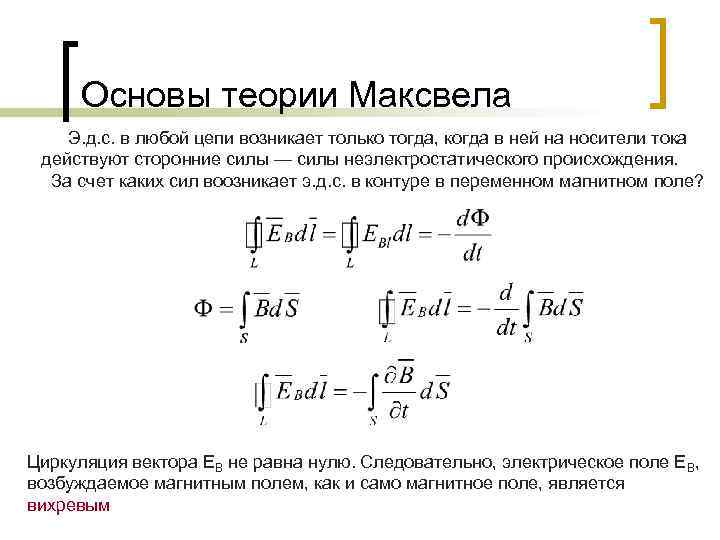  Основы теории Максвела Э. д. с. в любой цепи возникает только тогда, когда