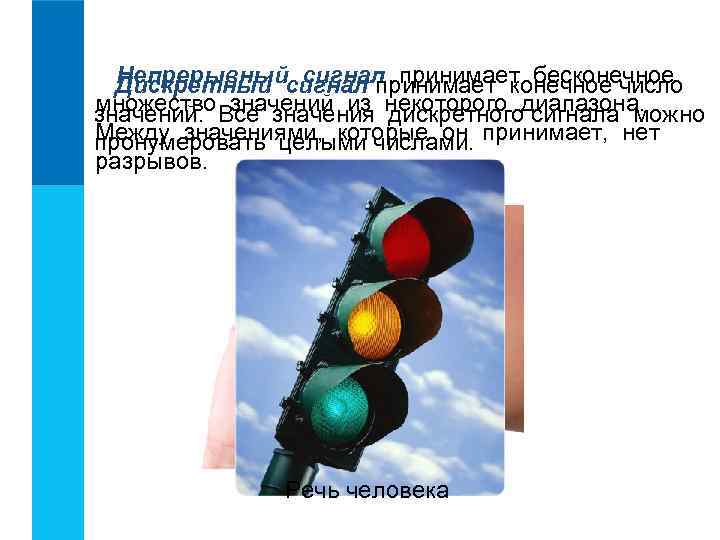 Непрерывный сигнал принимает бесконечное Дискретный сигнал принимает конечное число множество значений из дискретного сигнала