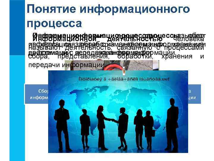 Понятие информационного процесса Основные информационные процессы: сбор Информационными деятельностью называют процессами Информационной человека информации,