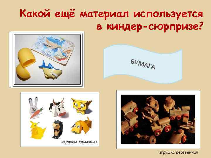 Какой ещё материал используется в киндер-сюрпризе? БУМА ГА игрушка картонная игрушка деревянная 