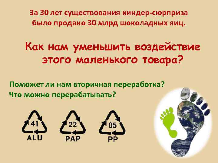 За 30 лет существования киндер-сюрприза было продано 30 млрд шоколадных яиц. Как нам уменьшить