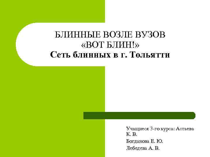 БЛИННЫЕ ВОЗЛЕ ВУЗОВ «ВОТ БЛИН!» Сеть блинных в г. Тольятти Учащиеся 3 -го курса: