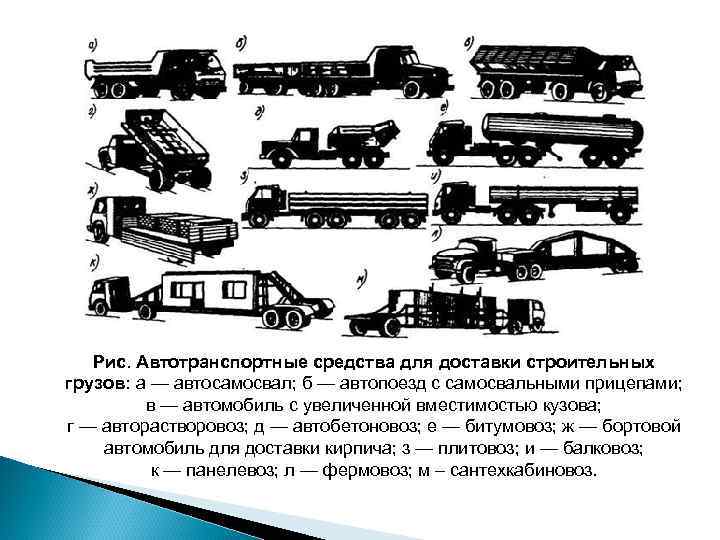 Рис. Автотранспортные средства для доставки строительных грузов: а — автосамосвал; б — автопоезд с