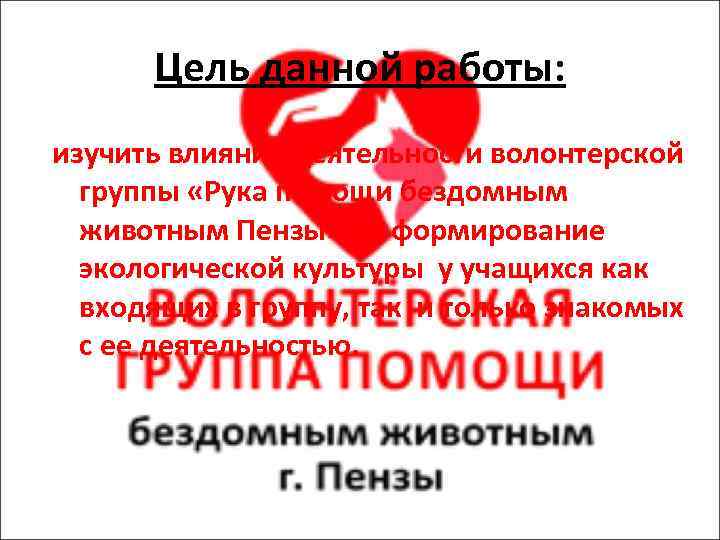 Цель данной работы: изучить влияние деятельности волонтерской группы «Рука помощи бездомным животным Пензы» на