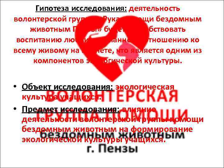 Гипотеза исследования: деятельность волонтерской группы «Рука помощи бездомным животным Пензы» будет способствовать воспитанию любви