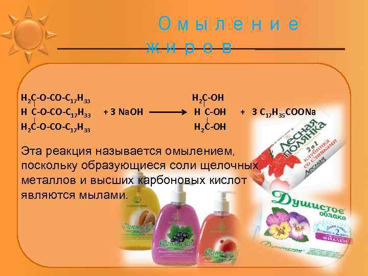 Омыление жиров Н 2 С-О-СО-С 17 Н 33 Н 2 С-ОН Н С-О-СО-С 17