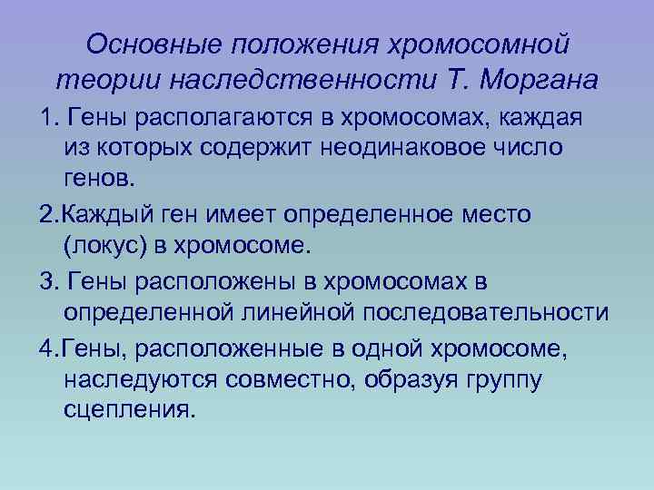 Основные положения хромосомной теории наследственности Т. Моргана 1. Гены располагаются в хромосомах, каждая из