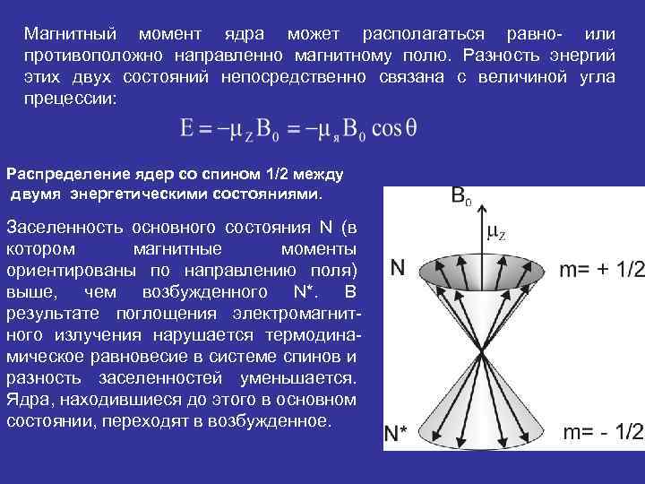 Магнитный момент ядра может располагаться равно или противоположно направленно магнитному полю. Разность энергий этих