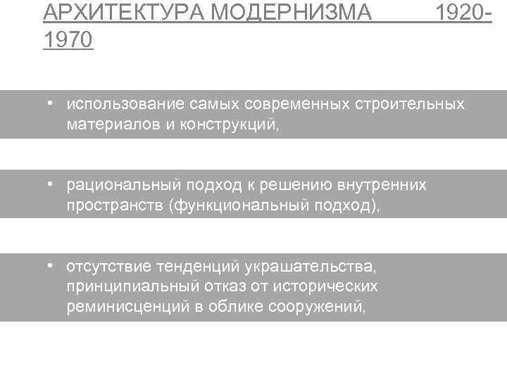 АРХИТЕКТУРА МОДЕРНИЗМА 1970 1920 - • использование самых современных строительных материалов и конструкций, •