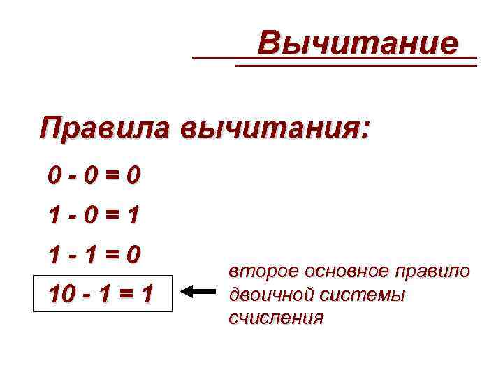  Вычитание Правила вычитания: 0 -0=0 1 -0=1 1 -1=0 второе основное правило 10