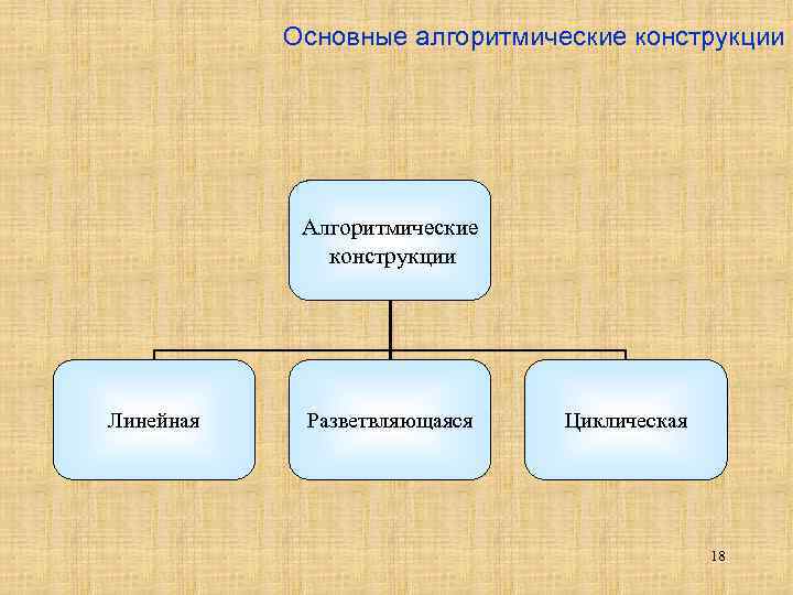 Основные алгоритмические конструкции Алгоритмические конструкции Линейная Разветвляющаяся Циклическая 18 