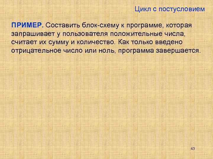 Цикл с постусловием ПРИМЕР. Составить блок-схему к программе, которая запрашивает у пользователя положительные числа,