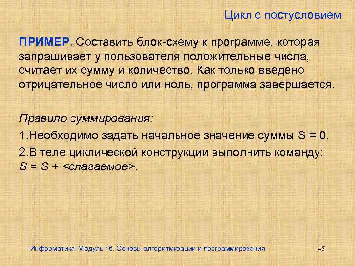 Цикл с постусловием ПРИМЕР. Составить блок-схему к программе, которая запрашивает у пользователя положительные числа,