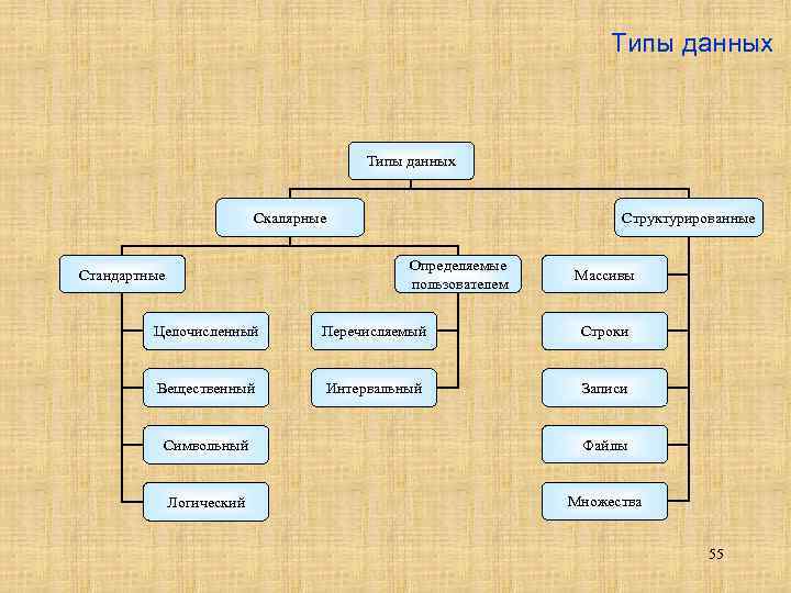 Типы данных Скалярные Структурированные Определяемые пользователем Стандартные Массивы Целочисленный Перечисляемый Строки Вещественный Интервальный Записи