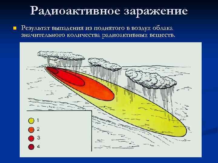 Радиоактивное заражение n Результат выпадения из поднятого в воздух облака значительного количества радиоактивных веществ.