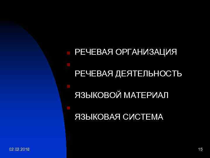 n РЕЧЕВАЯ ОРГАНИЗАЦИЯ n РЕЧЕВАЯ ДЕЯТЕЛЬНОСТЬ n ЯЗЫКОВОЙ МАТЕРИАЛ n ЯЗЫКОВАЯ СИСТЕМА 02. 2018