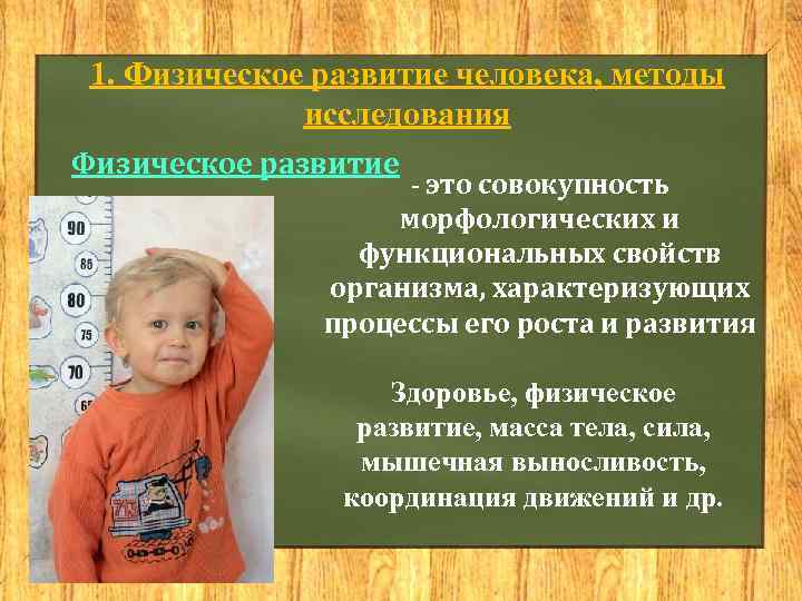  1. Физическое развитие человека, методы    исследования Физическое развитие  