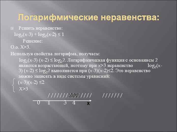 Логарифмические неравенства: Решить неравенство: log 2(x-3) + log 2(x-2) ≤ 1 Решение: О. о.