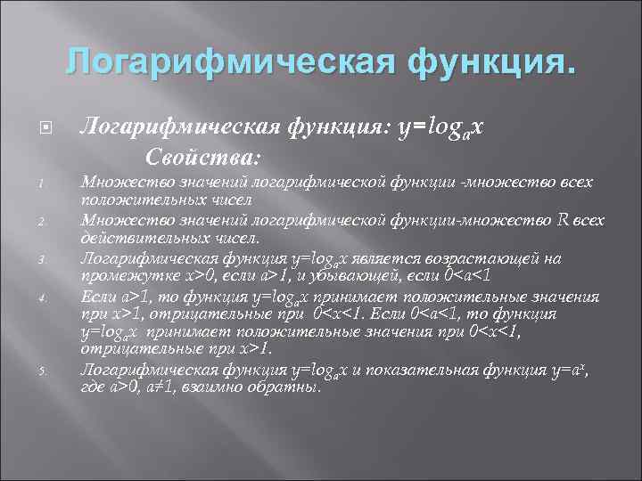 Логарифмическая функция. 1. 2. 3. 4. 5. Логарифмическая функция: y=logax Свойства: Множество значений логарифмической