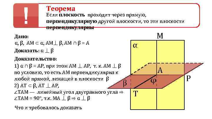 Теорема Если плоскость проходит через прямую, перпендикулярную другой плоскости, то эти плоскости перпендикулярны Дано: