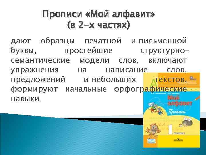 Прописи «Мой алфавит» (в 2 -х частях) дают образцы печатной и письменной буквы, простейшие