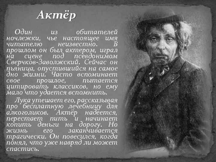 Что привело в ночлежку. Обитатели ночлежки. Прошлое актера в пьесе на дне. Взгляды актера на дне. Жители ночлежки в пьесе на дне.