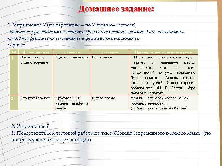 Домашнее задание: 1. Упражнение 7 (по вариантам – по 7 фразеологизмов) Запишите фразеологизмы в