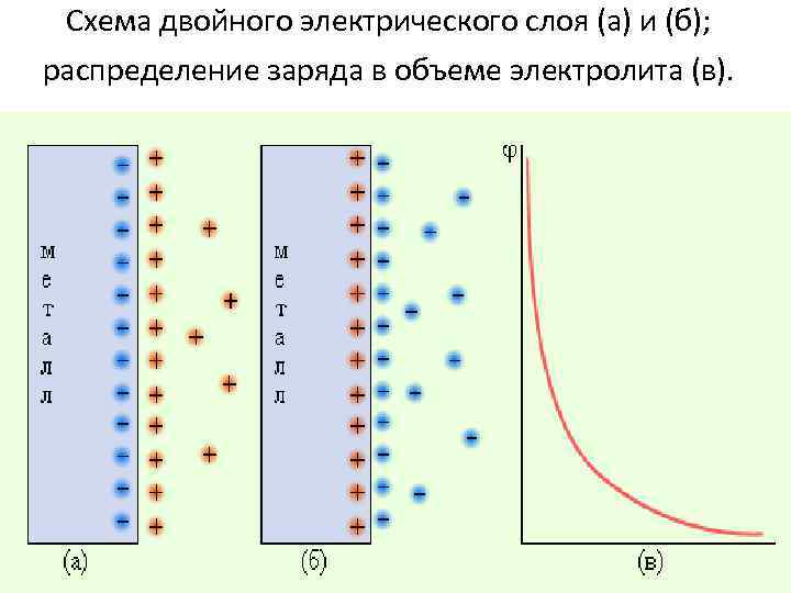 Схема двойного электрического слоя (а) и (б); распределение заряда в объеме электролита (в). 2/1/2018