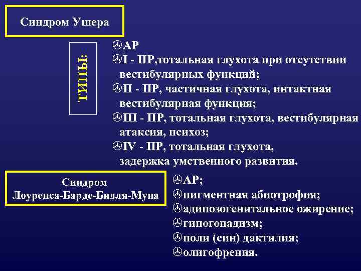 ТИПЫ: Синдром Ушера >АР >I - ПР, тотальная глухота при отсутствии вестибулярных функций; >II