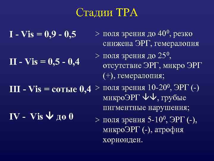 Стадии ТРА > поля зрения до 400, резко снижена ЭРГ, гемералопия > поля зрения