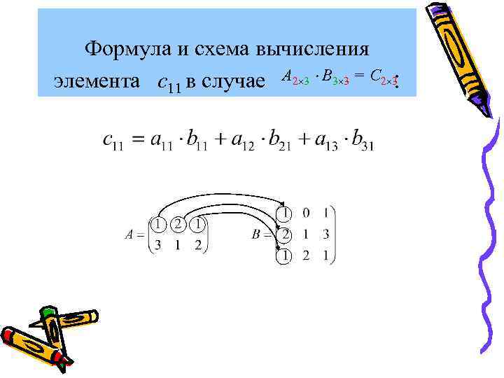 Формула и схема вычисления элемента c 11 в случае А 2 3 В 3