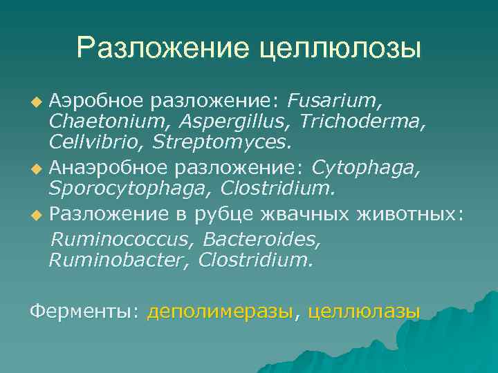 Разложение целлюлозы Аэробное разложение: Fusarium, Chaetonium, Aspergillus, Trichoderma, Cellvibrio, Streptomyces. u Анаэробное разложение: Cytophaga,