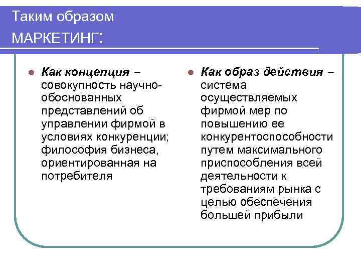 Таким образом МАРКЕТИНГ: l Как концепция совокупность научно обоснованных представлений об управлении фирмой в