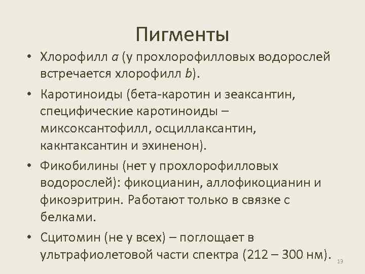 Пигменты • Хлорофилл а (у прохлорофилловых водорослей встречается хлорофилл b). • Каротиноиды (бета-каротин и