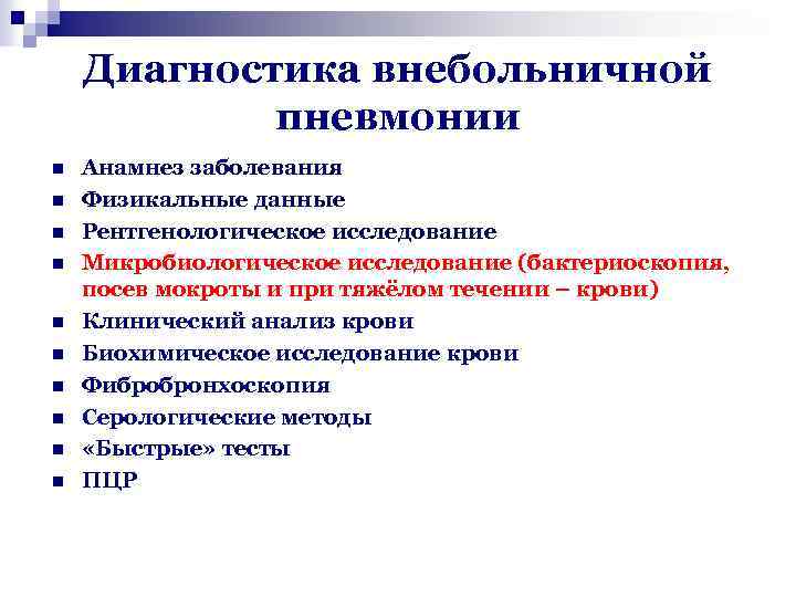 Диагностика внебольничной пневмонии n n n n n Анамнез заболевания Физикальные данные Рентгенологическое исследование