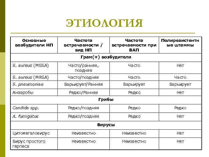 ЭТИОЛОГИЯ Основные возбудители НП Частота встречаемости / вид НП Частота Полирезистентн встречаемости при ые